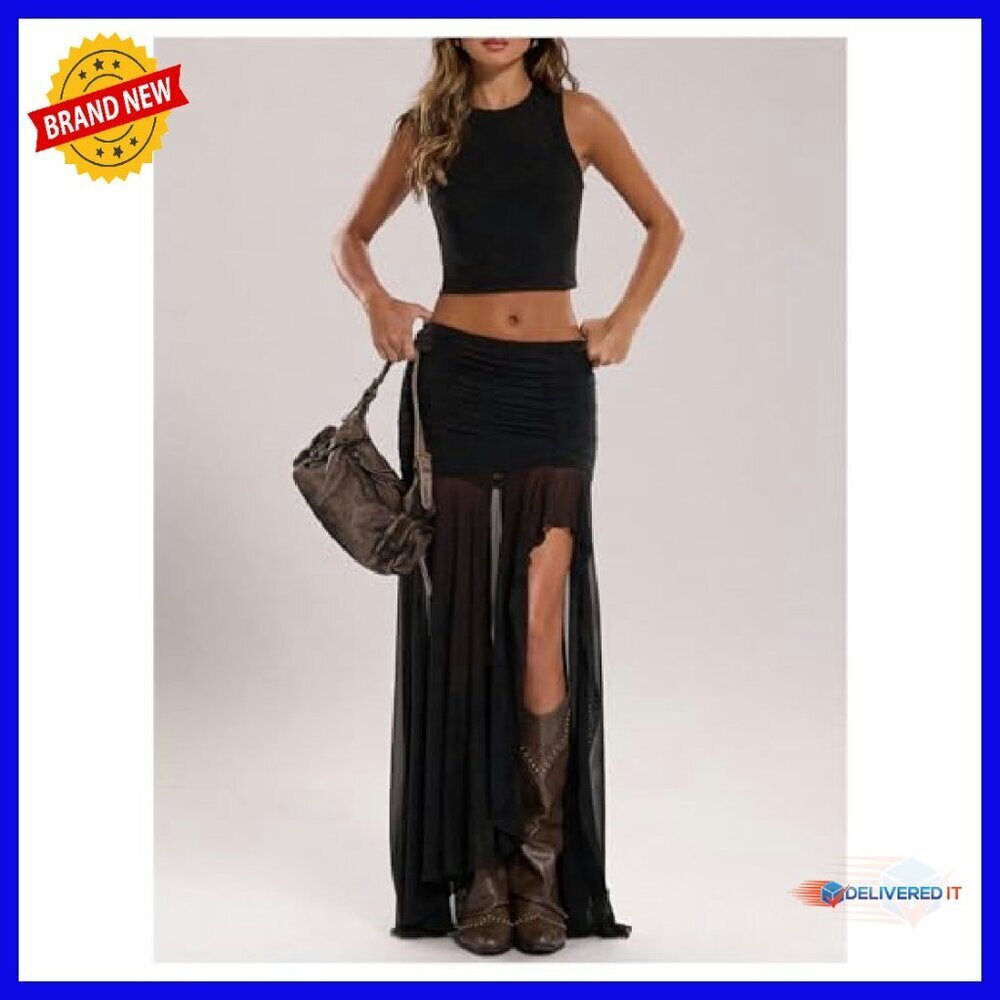 Sheer Mesh Pleated Maxi Skirt Split Thigh Asymmetrical Bodycon - Picture 6 of 6